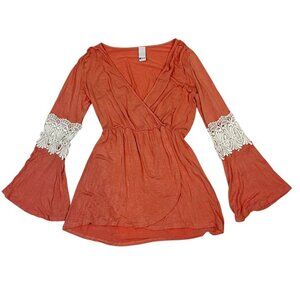 Swell tunic women's M pink peach long bell sleeve lace accent faux wrap